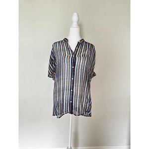 Tommy Bahama Striped Sheer Button Up Blue Tan